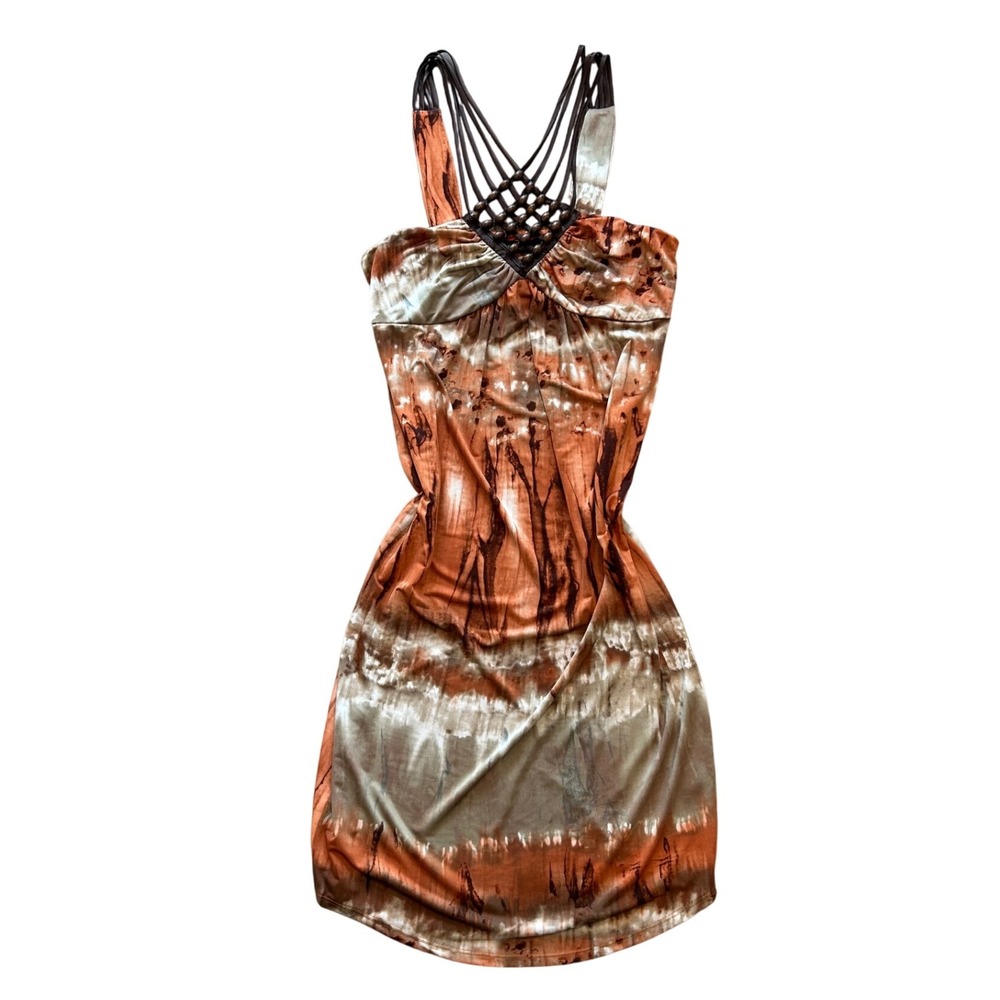 VTG y2k beaded neckine burnt orange water color bodycon midi dress M